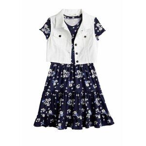 Knitworks Girls Floral Dress‎ With White Denim Vest - Size 7